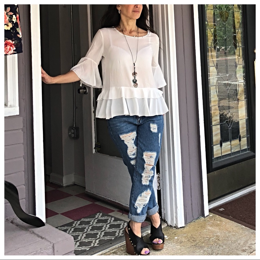 PARIS layered bell sleeves pearl trim blouse - Picture 2 of 8